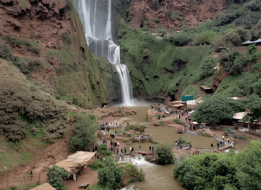 The Ouzoud Waterfalls dropping into a green gorge north-east of Marrakech
