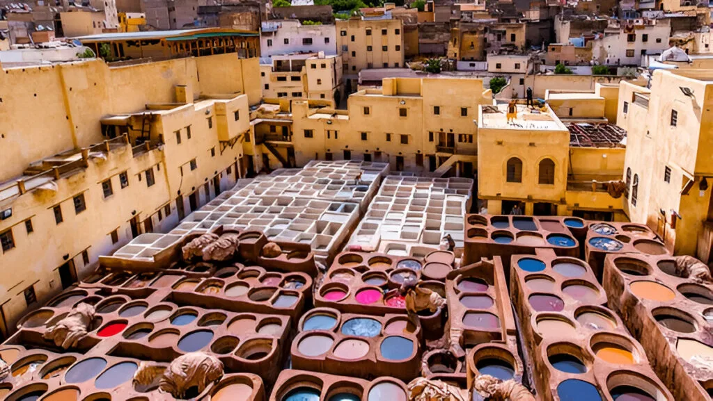 Dye vats at the Chouara tanneries in the Fes medina, Morocco