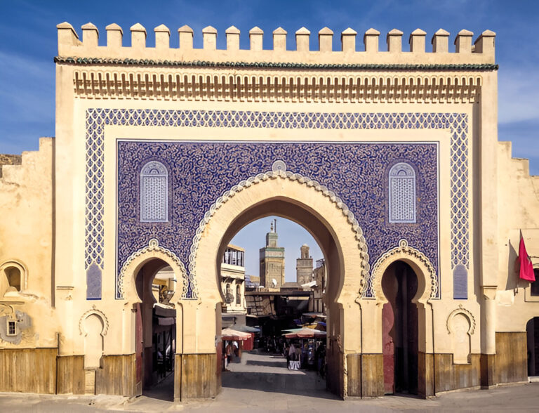 The blue Bab Boujloud gate at the entrance to the Fes medina in Morocco