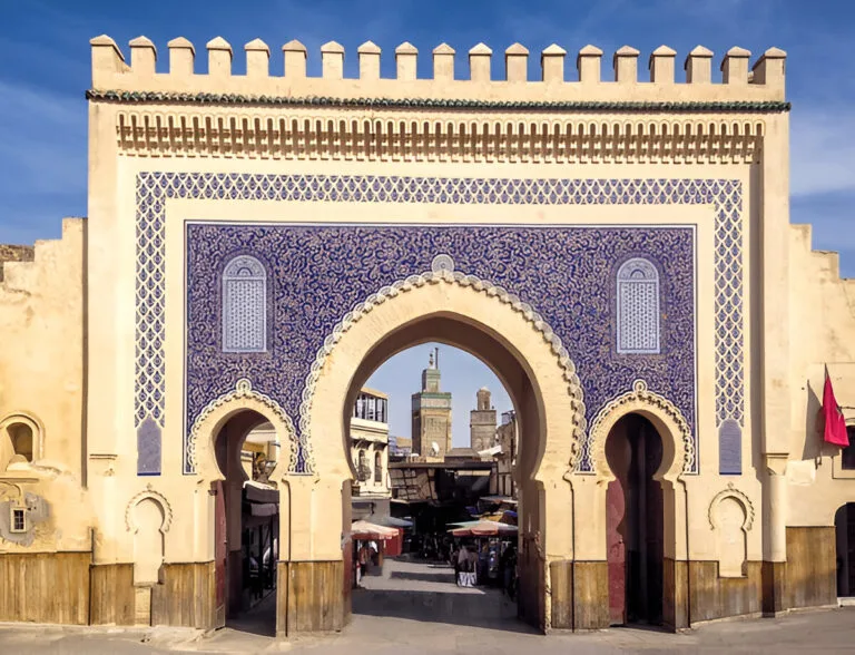 The blue Bab Boujloud gate at the entrance to the Fes medina in Morocco