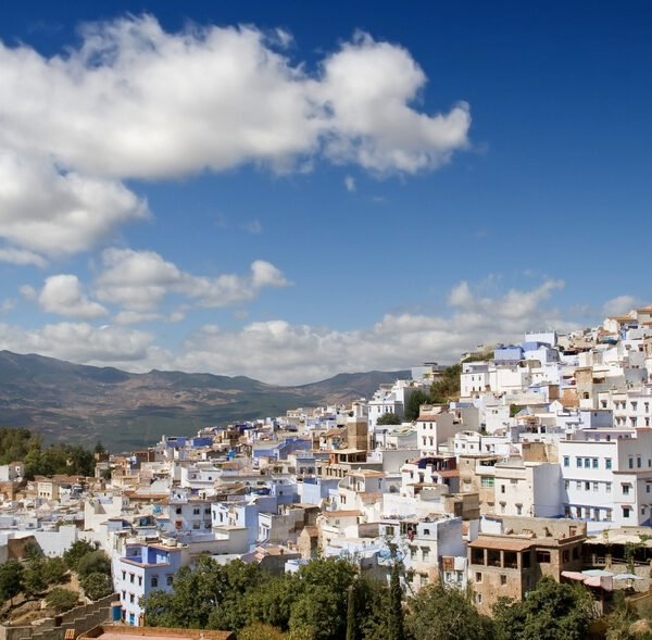 Blue-painted alley in the medina of Chefchaouen, northern Morocco