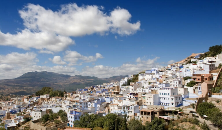 Blue-painted alley in the medina of Chefchaouen, northern Morocco